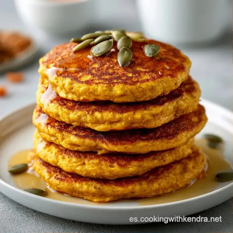 Tres tortitas naranjas esponjosas adornadas con arándanos frescos y una hoja de menta sobre una base de cerámica clara.