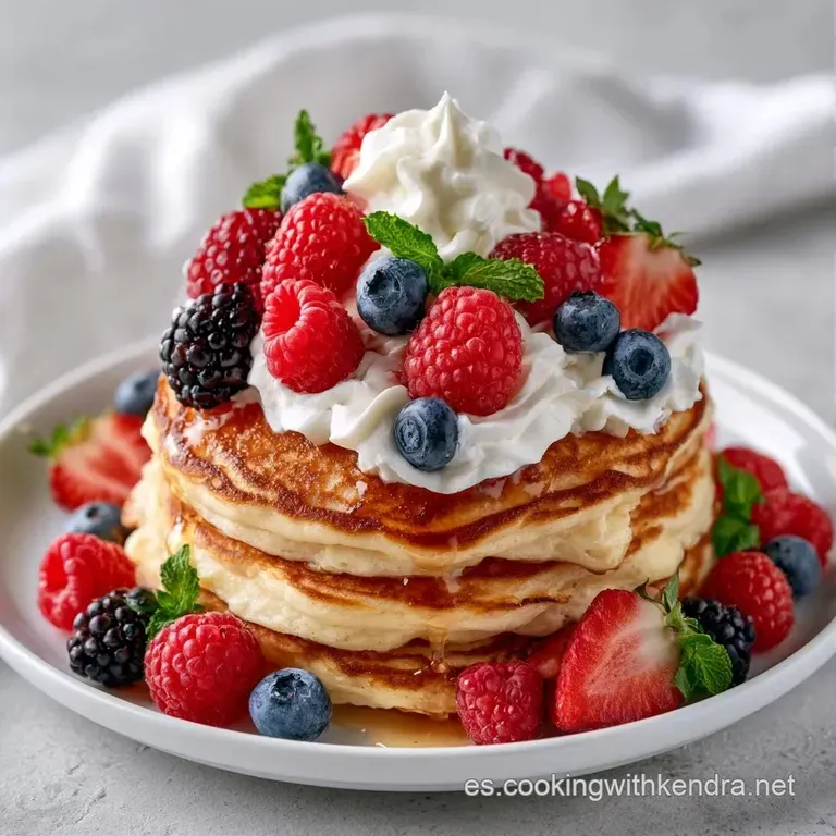 Tortitas apiladas en plato blanco, decoradas con frutos rojos brillantes y un hilo de miel espesa y transparente.