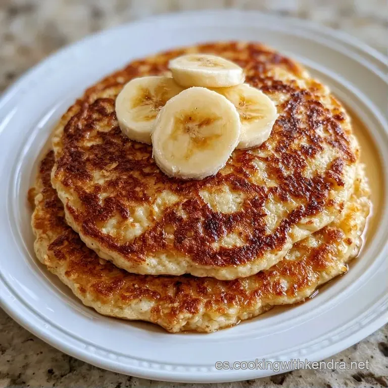 Tortitas esponjosas en plato blanco, decoradas con arándanos azules, plátano y un toque de canela espolvoreada.