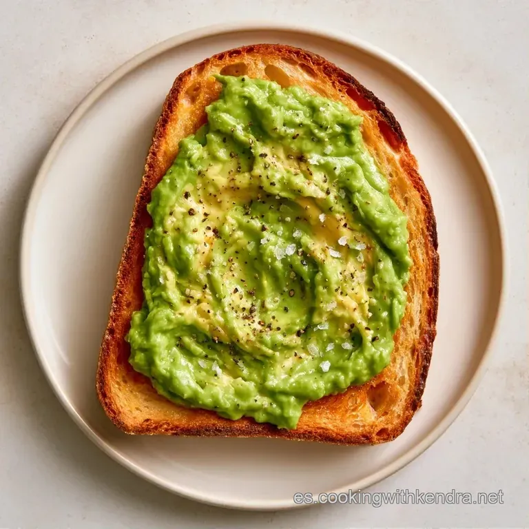 Láminas de aguacate verde brillante dispuestas en abanico sobre pan tostado, adornadas con sal marina y pimienta.