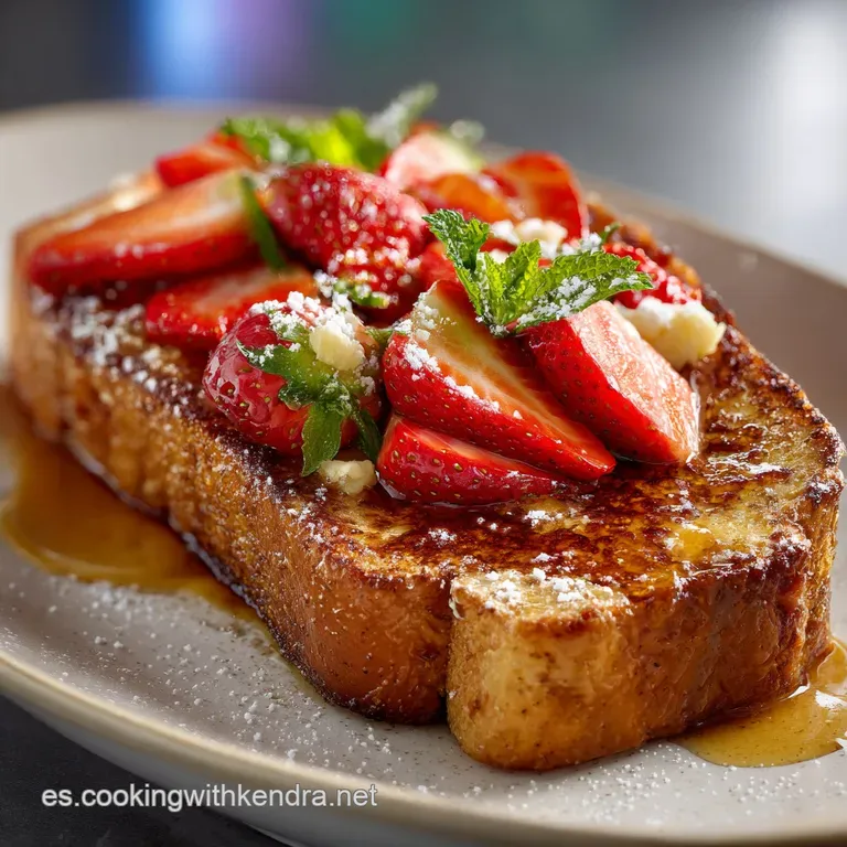 A stack of perfectly browned tostadas francesas topped with vibrant fresh berries and a dusting of confectioners' sugar.