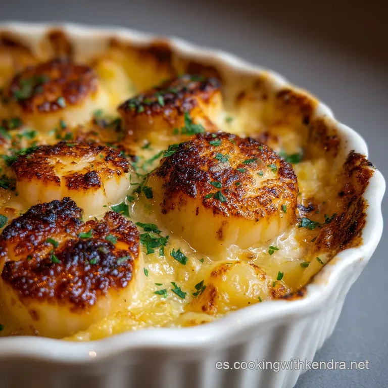 Scallop shell filled with tender seafood, bright red paprika, and herbs, presented on a rustic plate, steam rising gently.